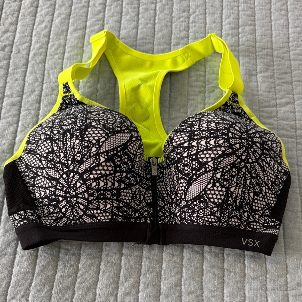 VSX Black and Neon Yellow Front-Zip High-Impact Sports Bra